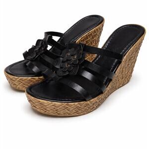 Black Floral Strap Wedge Sandals | Boho Raffia Heel Slides | Size 39 (US 8)